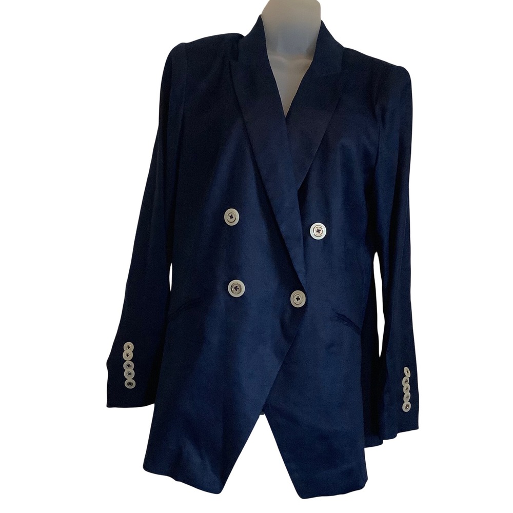 White House Black Market Linen Studio Blazer Officer Navy Double Breasted SZ 10